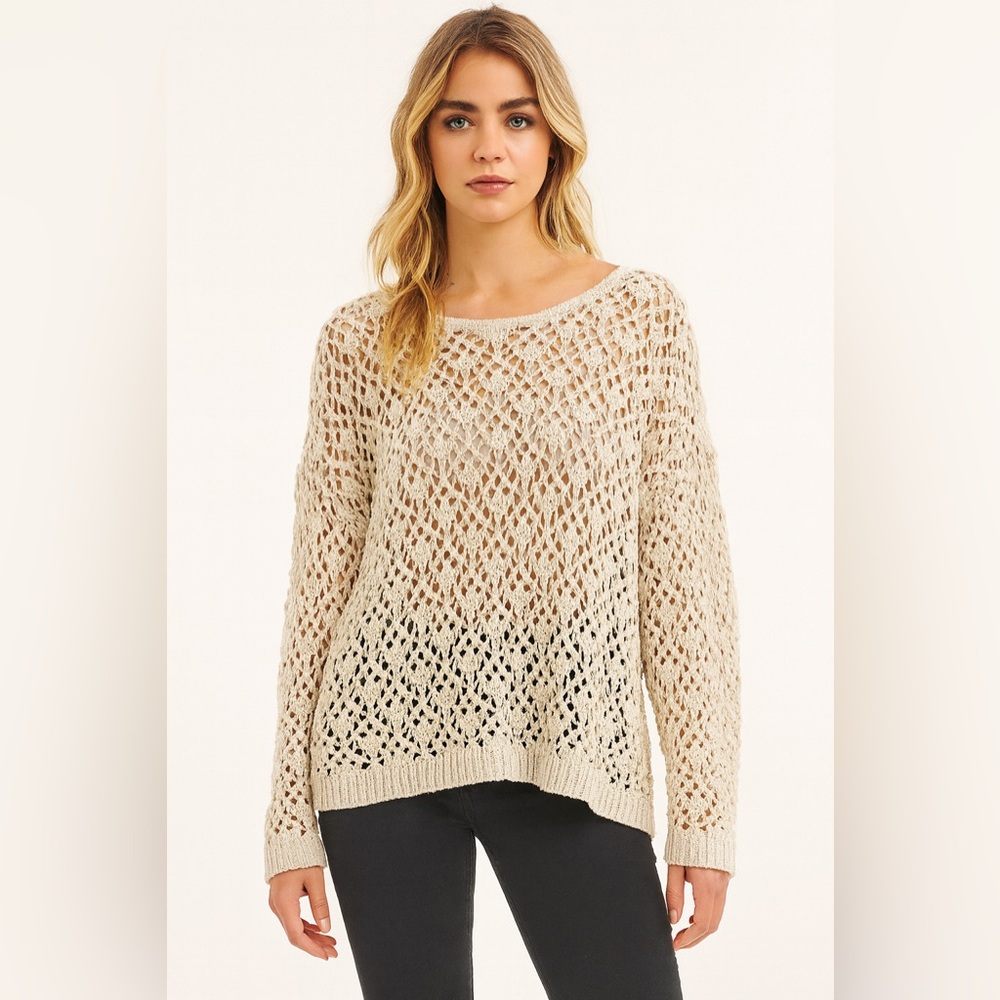 Nicole Miller Artelier Beige Open Knit Crochet Sweater Sz. M